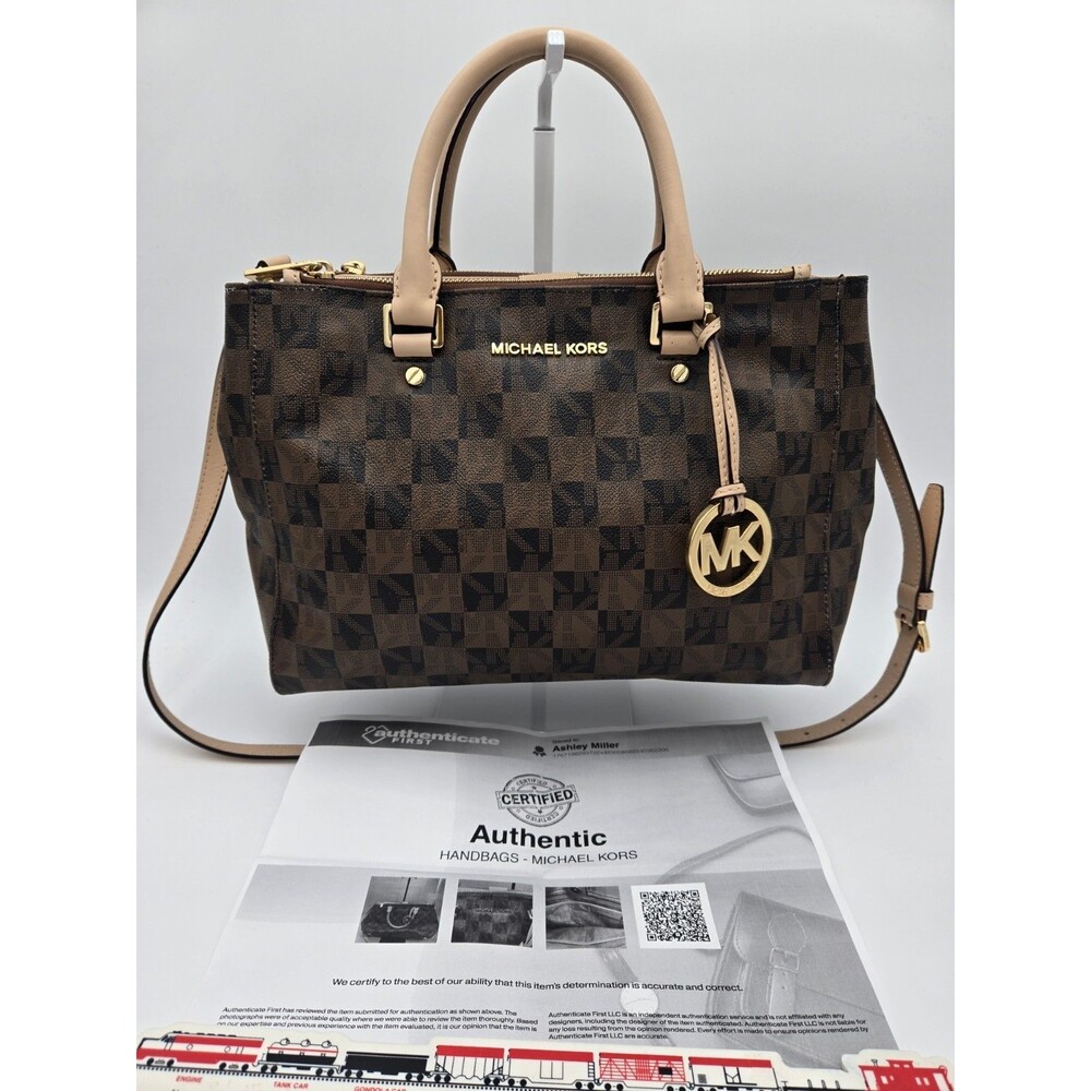Michael Kors Sutton Medium Satchel Handbag - Brown Signature MK Logo - W/COA